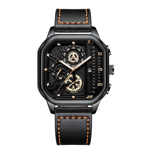 Men’s Luxury Quartz Watch – Square Big Dial Business & Sports Wristwatch with PU Leather Strap