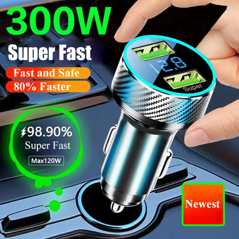 2-in-1 300W Super Fast USB Car Charger with LED Voltage Display