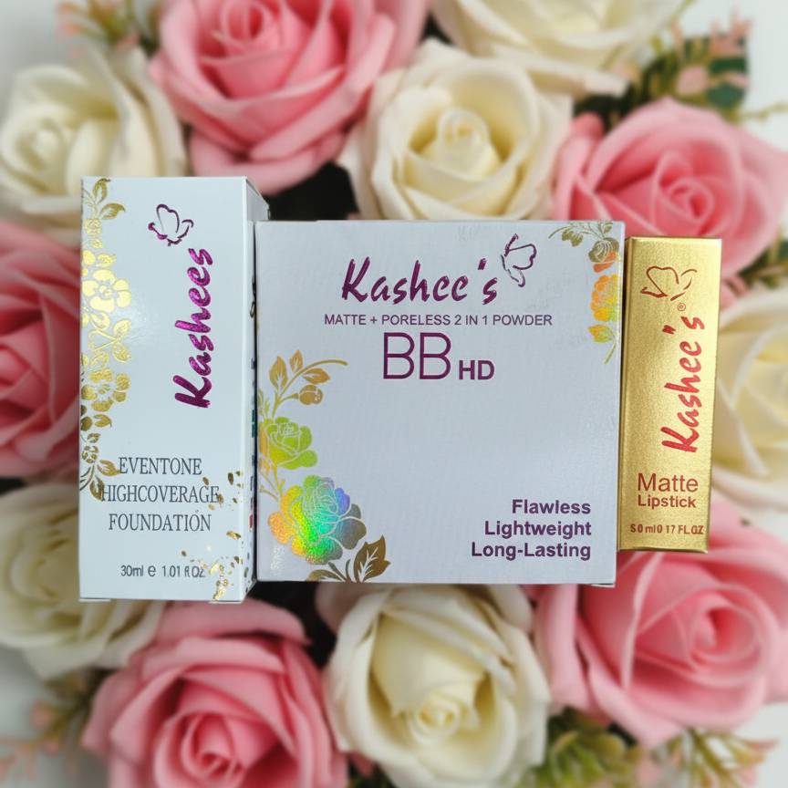 Kashee’s Complete Makeup Set – Foundation, BB HD Powder & Matte Lipstick for Smooth, Long-Lasting Look