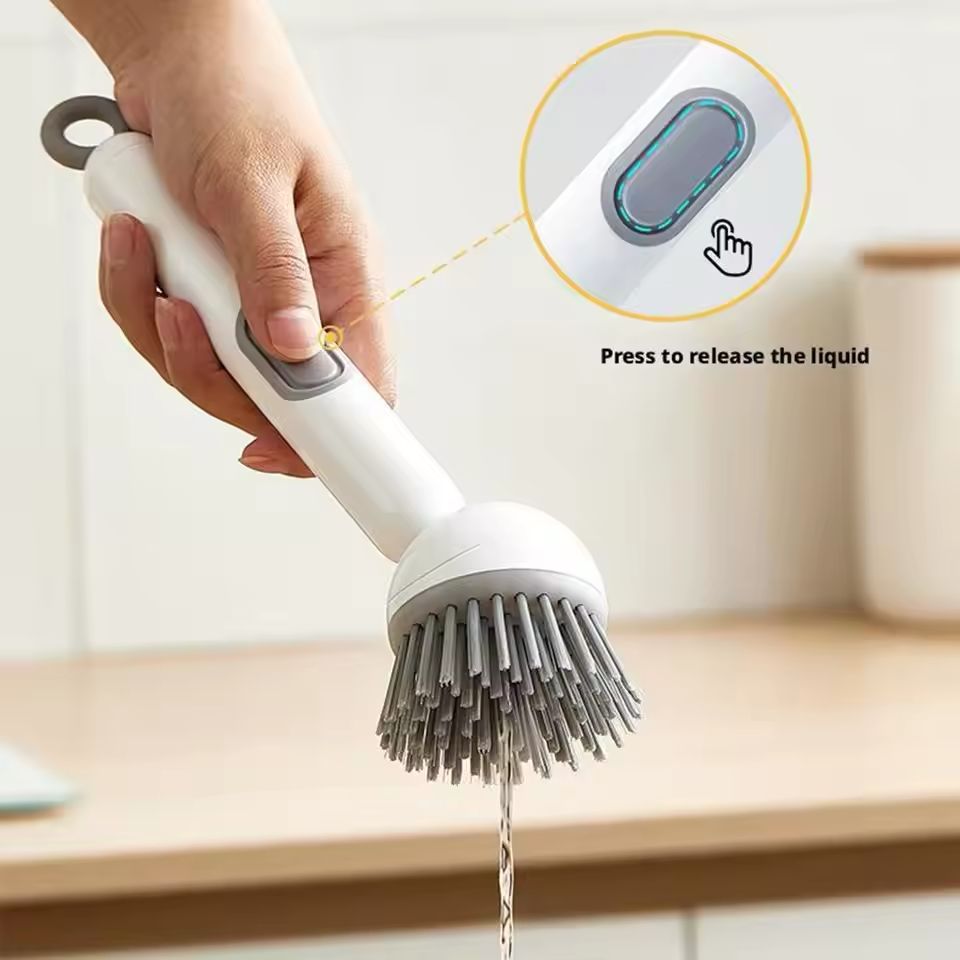 Kitchen Cleaning Brush with Soap Dispenser – Adjustable Handle Dish Scrubber for Pots, Pans & Dishes (Refillable, Random Color)
