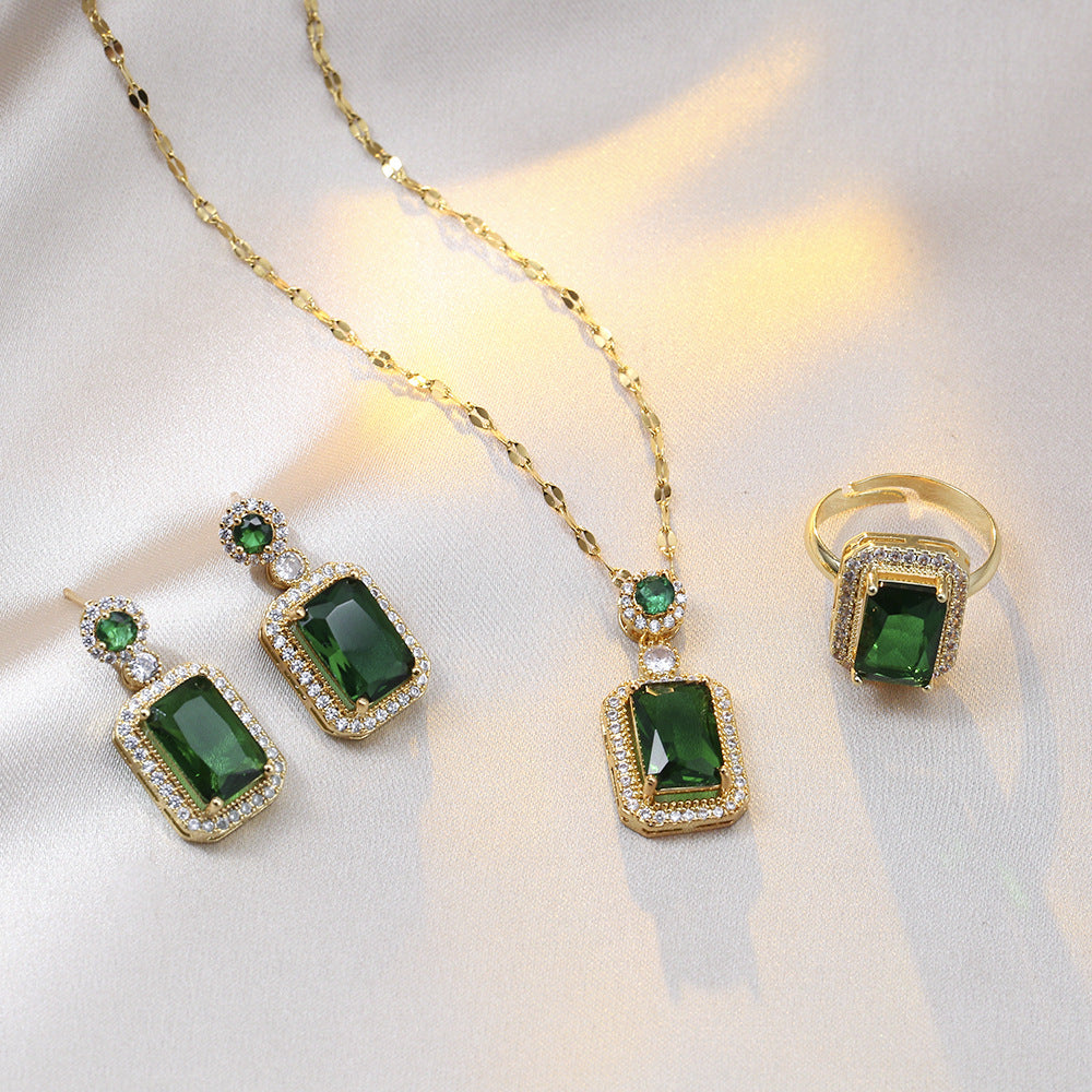 4PCS Exquisite Rhinestone Jewelry Set – Square Necklace, Earrings, Ring & Bracelet for Women | Elegant Bridal & Party Jewelry