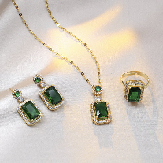 4PCS Exquisite Rhinestone Jewelry Set – Square Necklace, Earrings, Ring & Bracelet for Women | Elegant Bridal & Party Jewelry