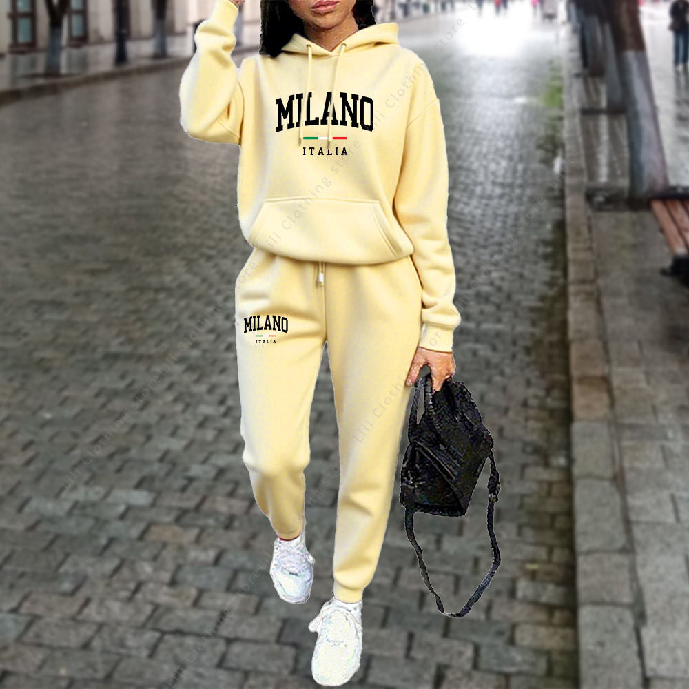 Autumn Winter 2PCS Women's Tracksuit – MILANO Letter Print Hoodie & Pants