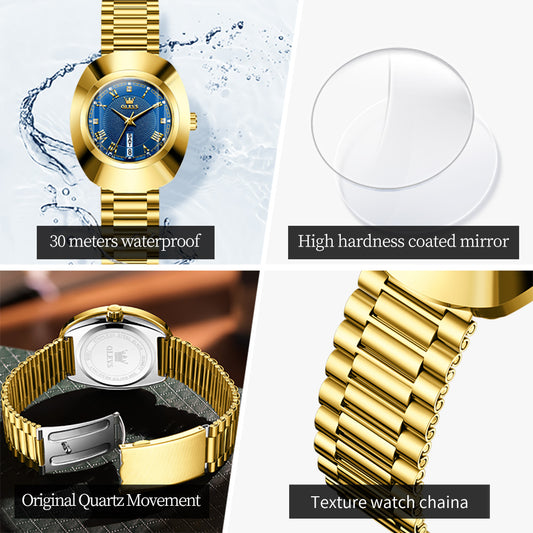 OLEVS Luxury Golden Women's Quartz Watch – Elegant Waterproof Tungsten Steel Wristwatch