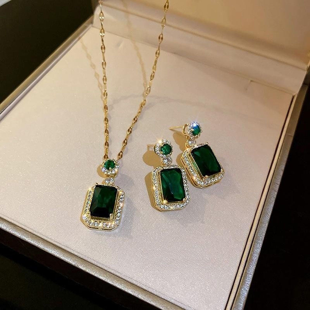 4PCS Exquisite Rhinestone Jewelry Set – Square Necklace, Earrings, Ring & Bracelet for Women | Elegant Bridal & Party Jewelry