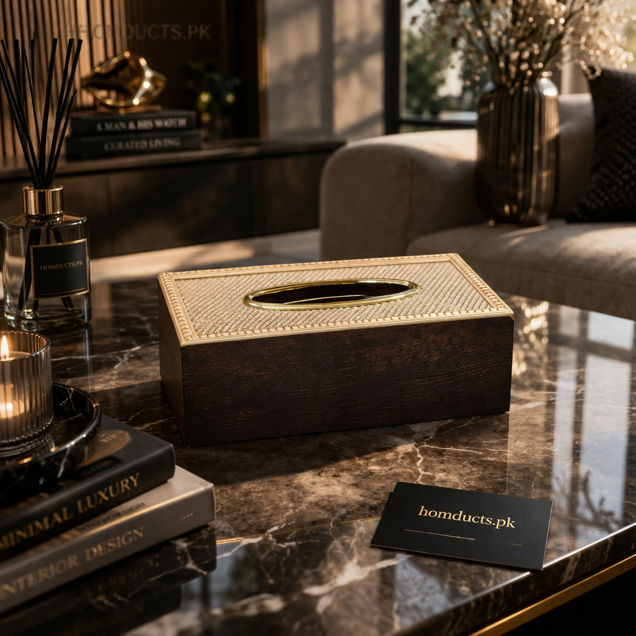 Luxury Dark Wood Tissue Box Holder with Textured Top & Gold Rim | Premium Decorative Tissue Organizer