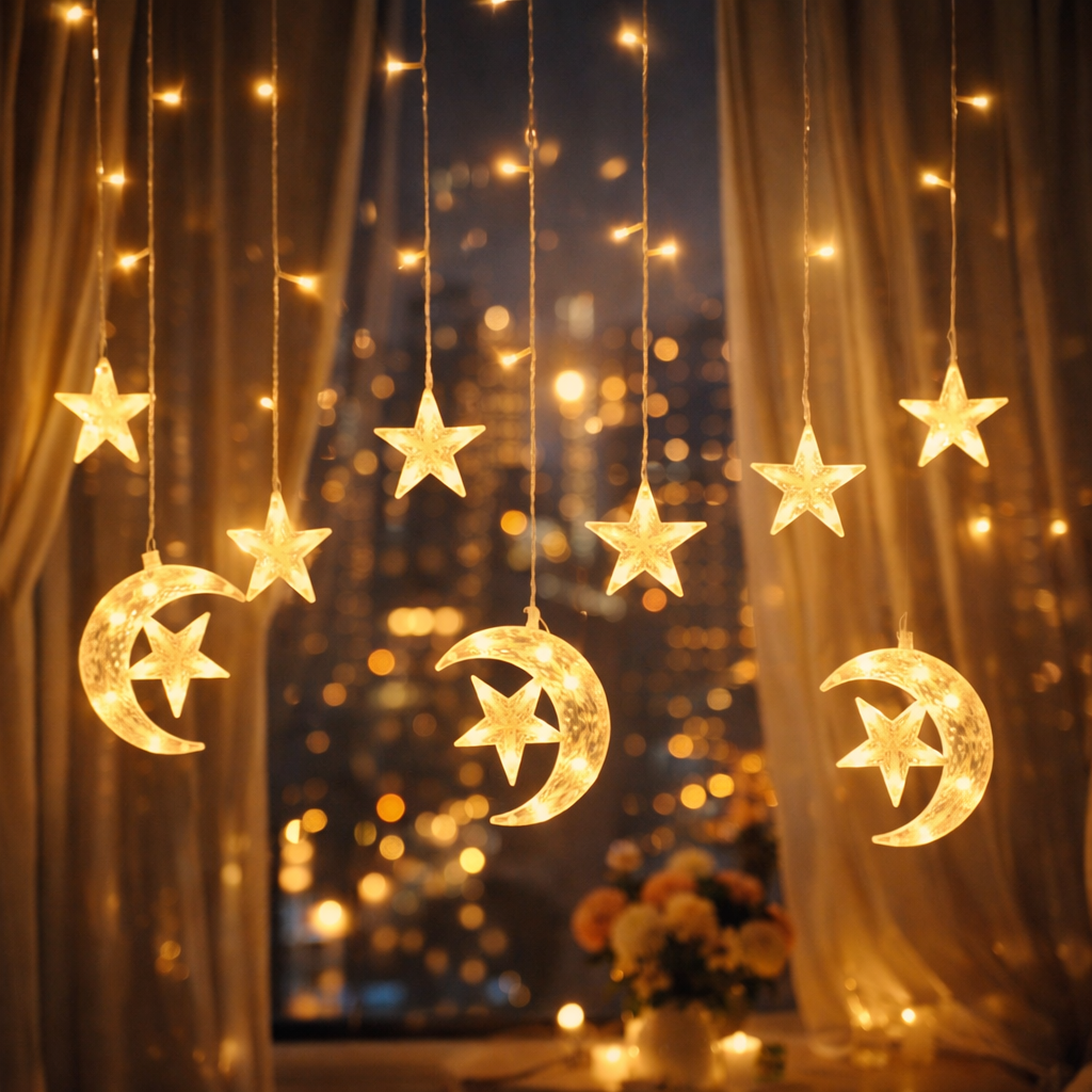 Luxury Crescent Moon & Star Hanging LED String Lights – Warm Golden Decorative Curtain Fairy Lights