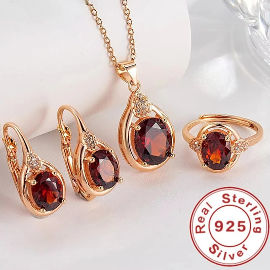 Exquisite 925 Sterling Silver Ruby Necklace Earrings Ring Set for Women Engagement Party Jewelry