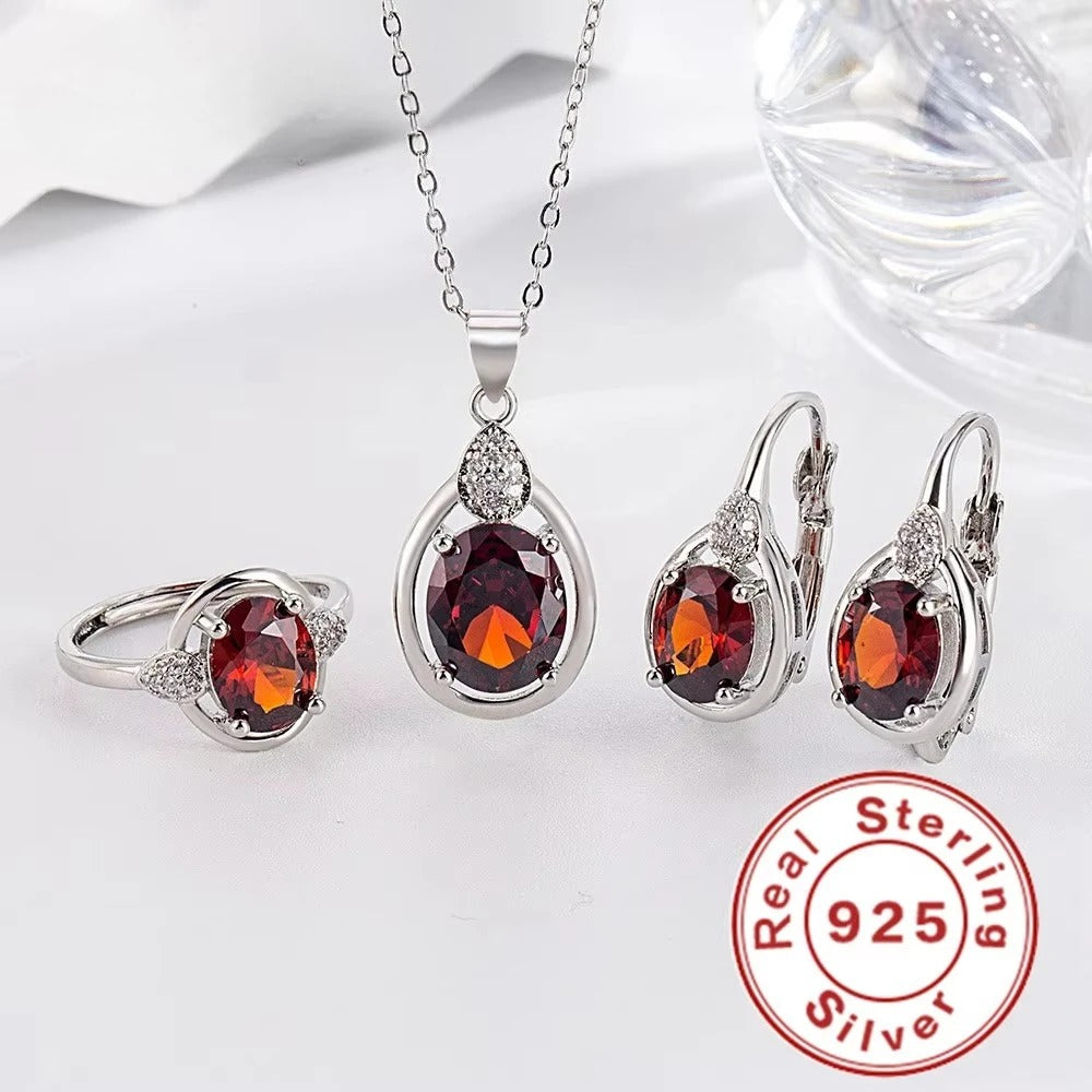 Exquisite 925 Sterling Silver Ruby Necklace Earrings Ring Set for Women Engagement Party Jewelry