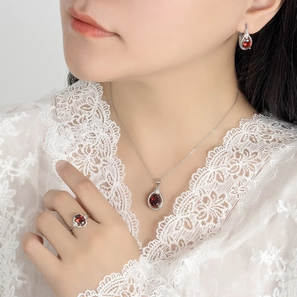 Exquisite 925 Sterling Silver Ruby Necklace Earrings Ring Set for Women Engagement Party Jewelry