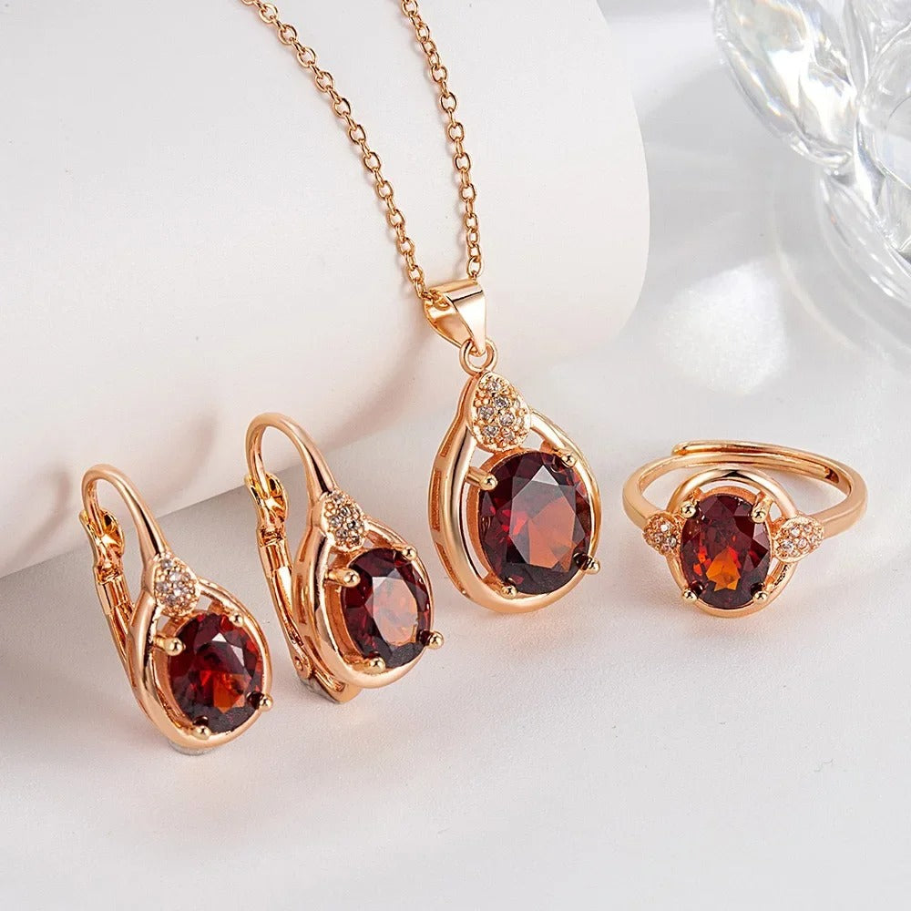 Exquisite 925 Sterling Silver Ruby Necklace Earrings Ring Set for Women Engagement Party Jewelry
