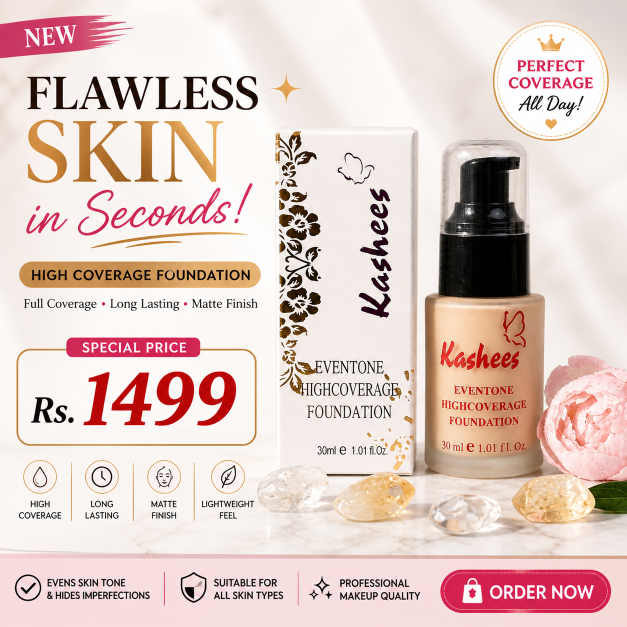 Kashee’s Eventone High Coverage Foundation 30ml Long Lasting Smooth Finish Makeup