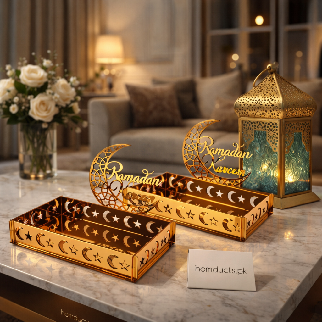 Luxury Ramadan Kareem Crescent Serving Tray & Islamic Table Centerpiece
