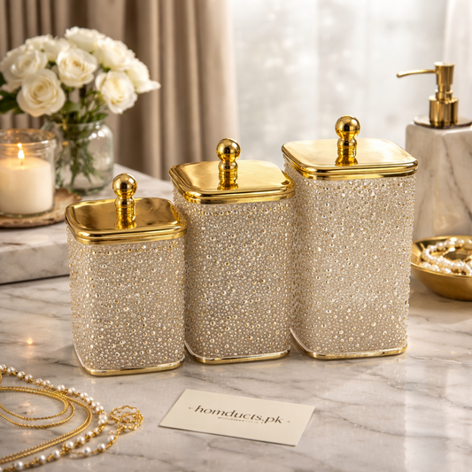 Luxury Crystal Storage Jar Set with Lid – Premium Decorative Organizer Set for Bathroom, Vanity & Kitchen (3-Piece Set)