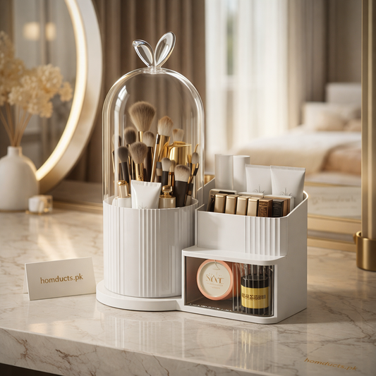 Luxury Rotating Makeup Organizer with Dustproof Cover – Multi-Compartment Cosmetic Storage Box