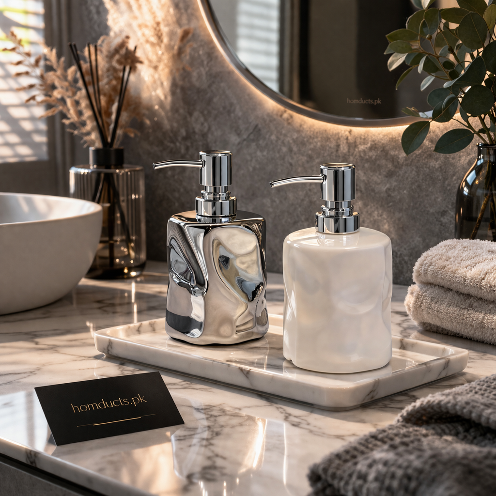 Luxury Dual Soap Dispenser Set with Decorative Tray – Modern Bathroom Counter Organizer