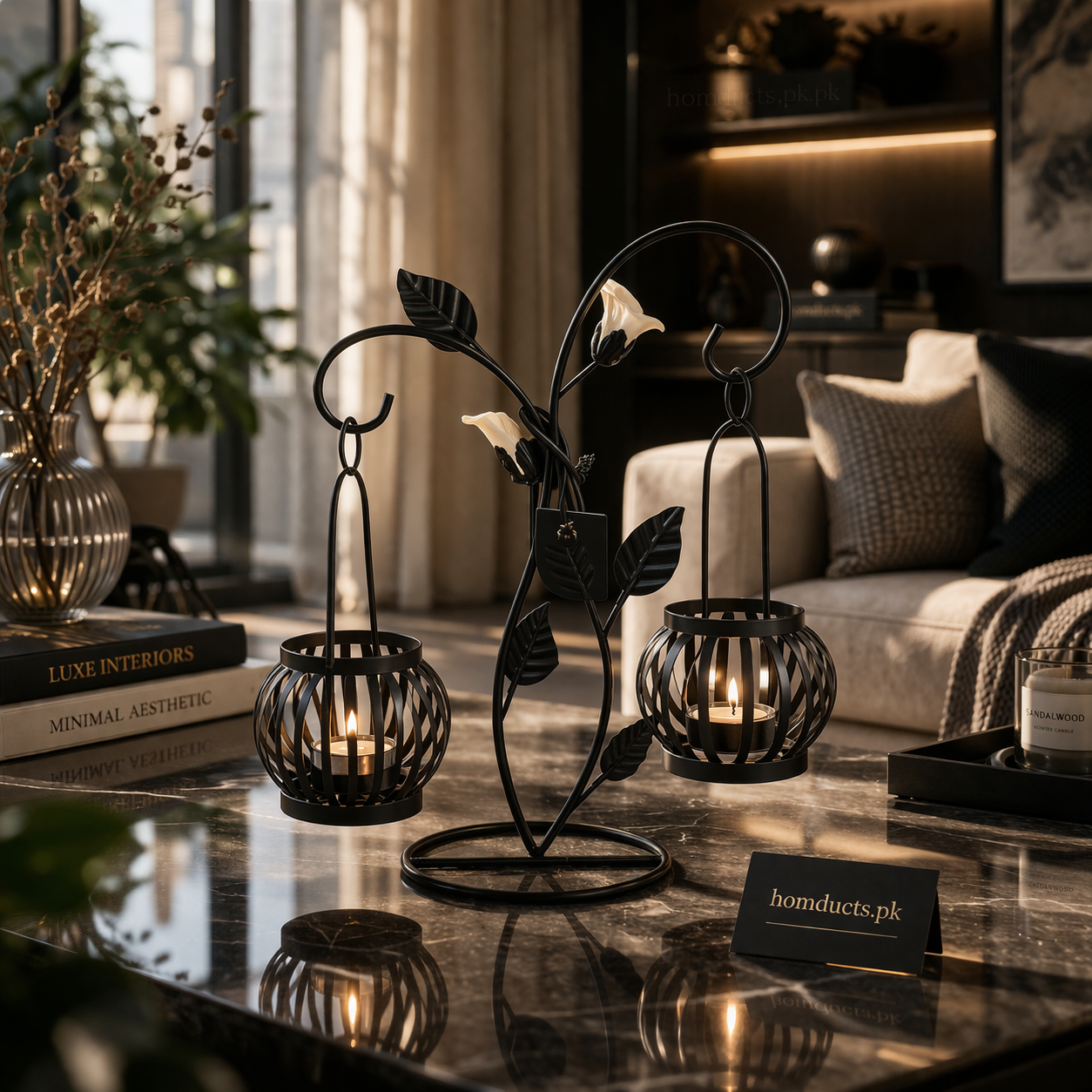 Luxury Dual Hanging Metal Lantern Stand – Elegant Tabletop Candle Holder Decor (Without Candles)
