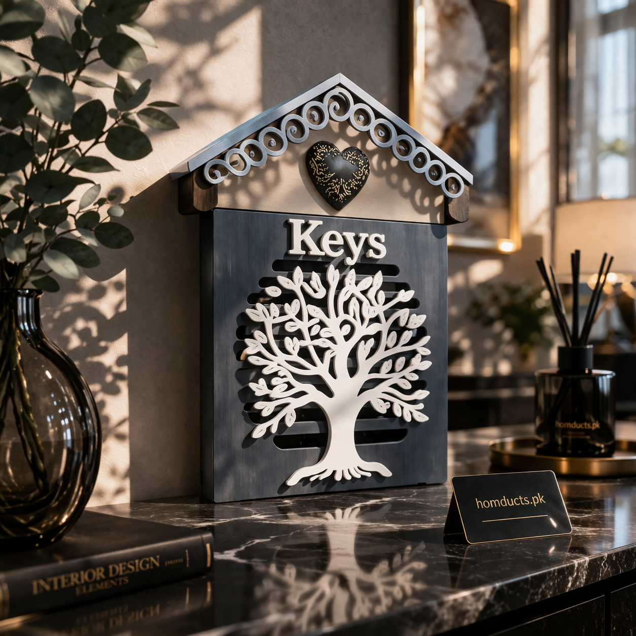 Luxury Wall Mounted Key Holder Box with Tree Design – Decorative Wooden Key Organizer Cabinet