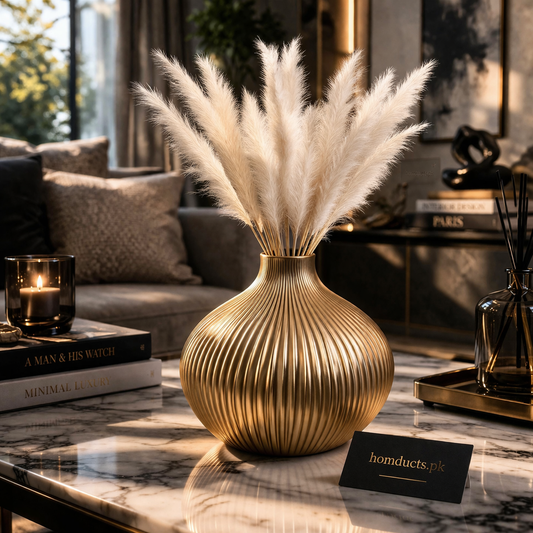 Luxury Ribbed Gold Vase with Pampas – Elegant Decorative Table Accent (1 Piece)