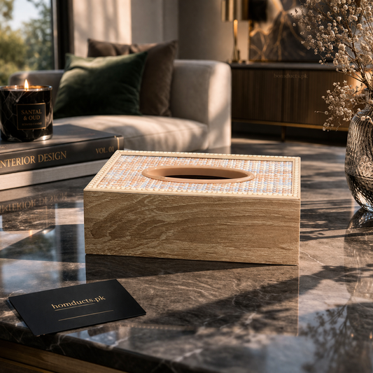 Luxury Wooden Tissue Box Holder with Patterned Top & Smooth Finish | Premium Decorative Tissue Organizer