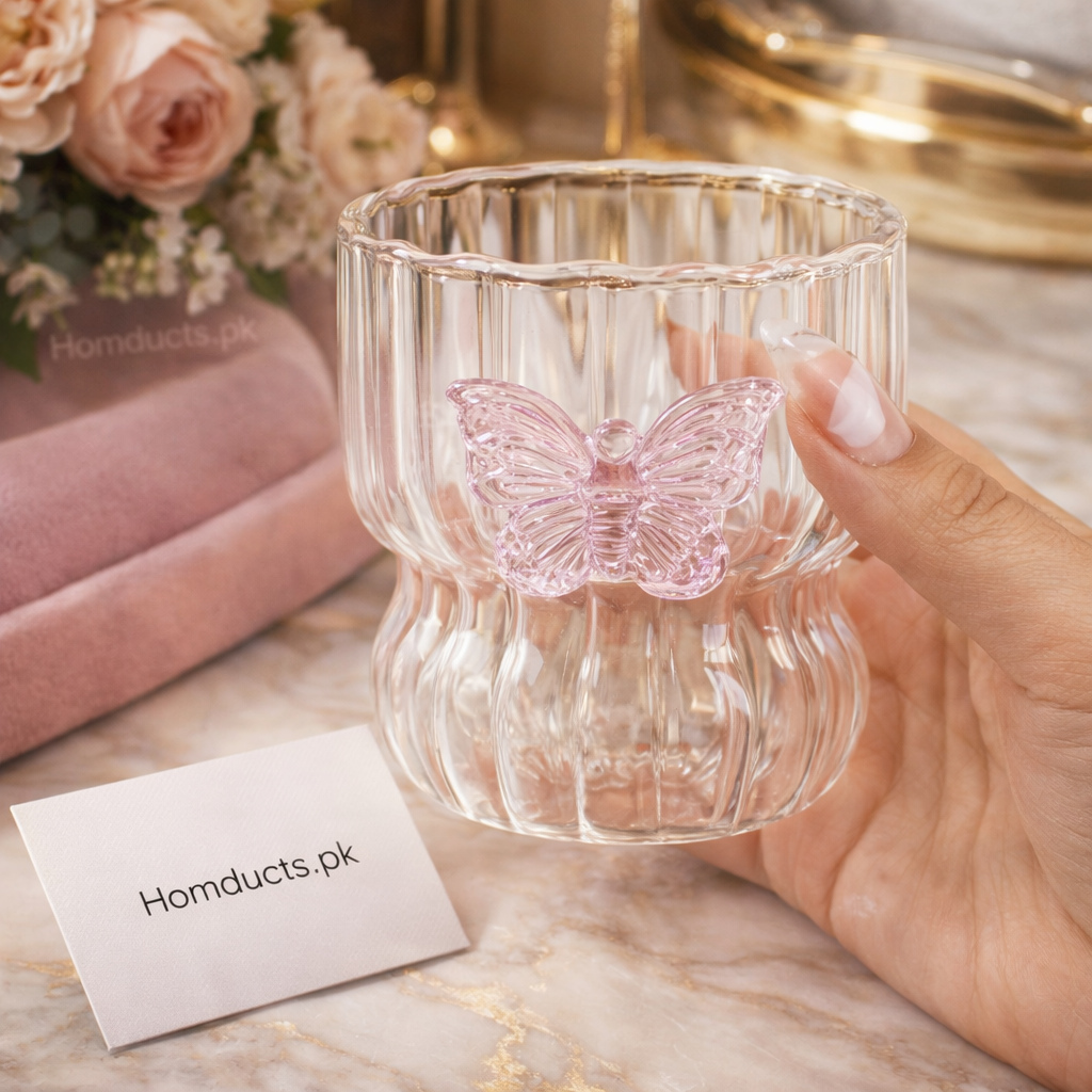 Luxury Butterfly Design Ribbed Glass Tumbler – Elegant Aesthetic Drinkware