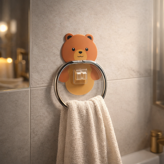 Cute Bear Adhesive Bathroom Towel Holder – Wall Mounted No-Drill Hook