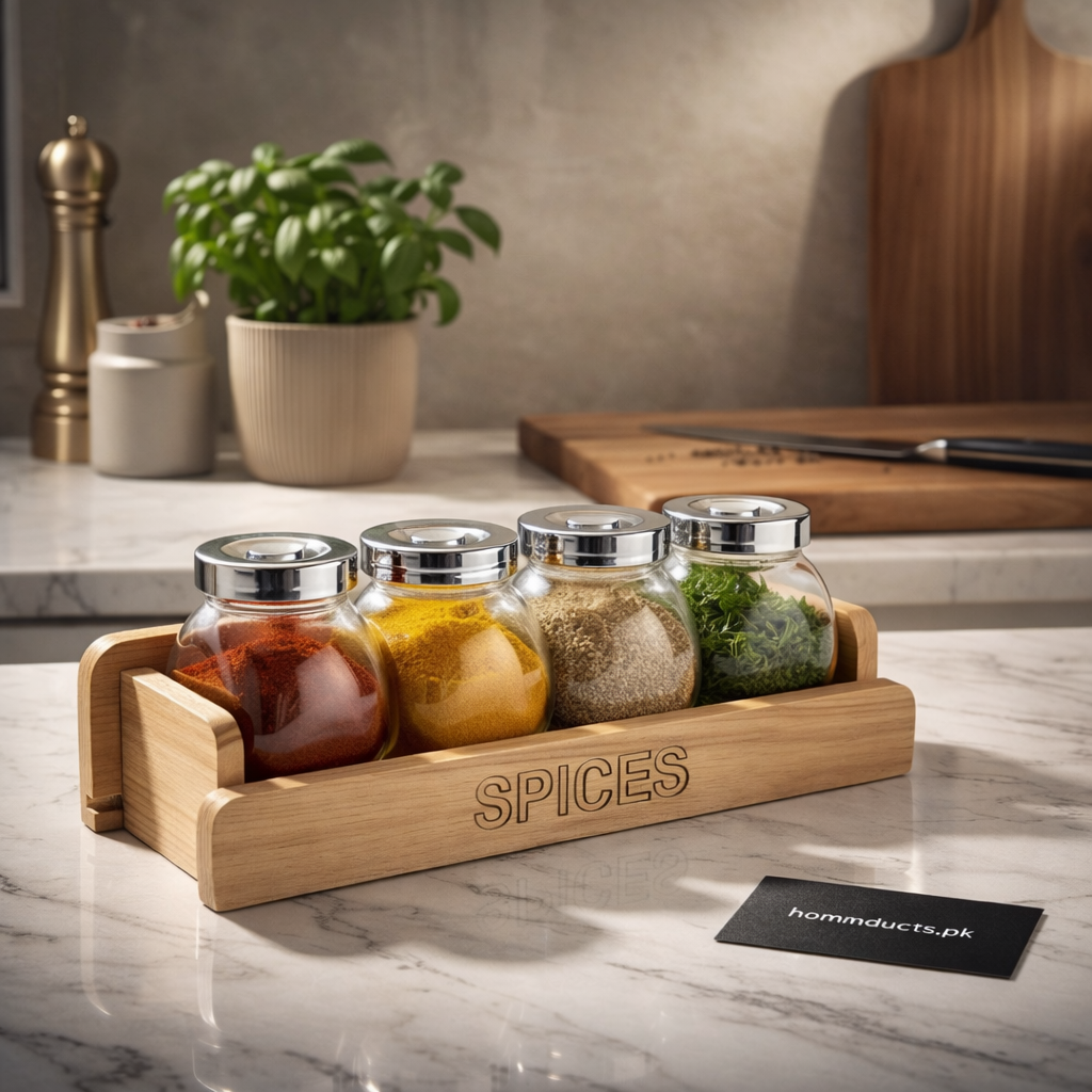 Luxury Glass Spice Jar Set with Wooden Rack – 4-Piece Kitchen Organizer