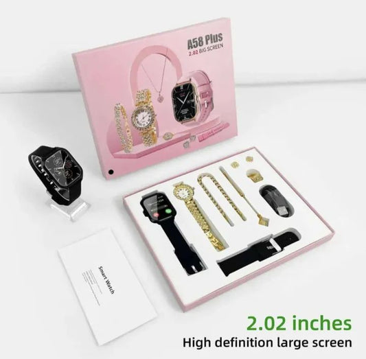 A58 Plus Smart Watch & Stylish Jewellery Combo – Premium Gift Set for Him & Her